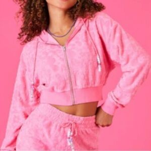 BARBIE x Forever 21 terry jacquard floral cropped full zip hoodie, pink, L, NWT